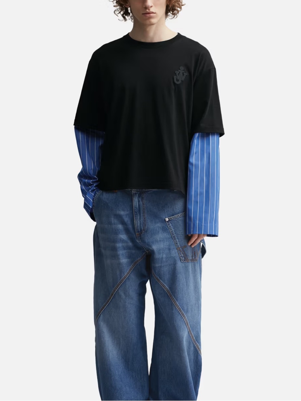 NEW JW Anderson Shirt Men Blue ANCHOR LAYERED SLEEVE T-SHIRT Streetwear Casual